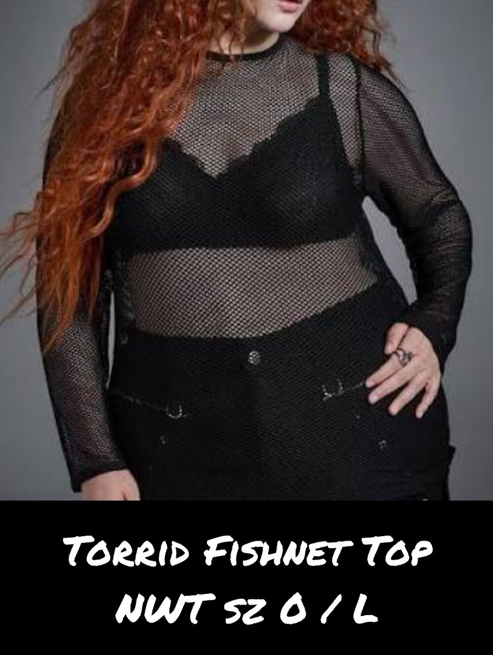 Torrid Black Fishnet Sheer Top Sz 0 L/XL NWT Long Sleeve Goth Alt Nightfall